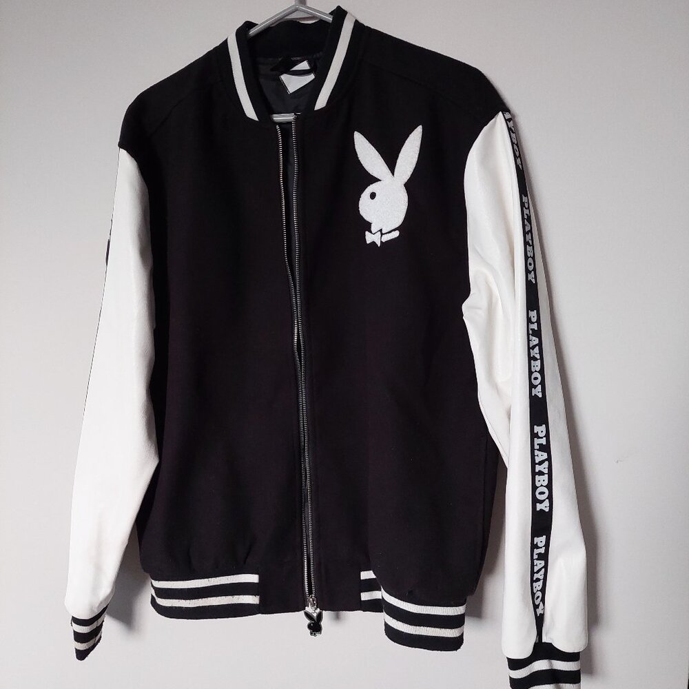 Playboy Varsity Letterman Jacket Black White Faux leather Sleeves Men's Size M